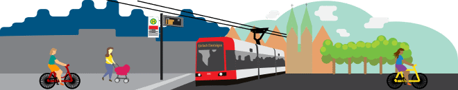 Illustration mit drei Menschen, zwei fahren Fahrrad, eine Person schiebt einen Kinderwagen; mittig ist eine Straßenbahn zu sehen, die an einer Haltestelle hält, auf der Anzeige der Straßenbahn steht &ldquo;Einfach Einsteigen&rdquo;. Im Hintergrund ist der Bremer Dom und mehrere Bäume